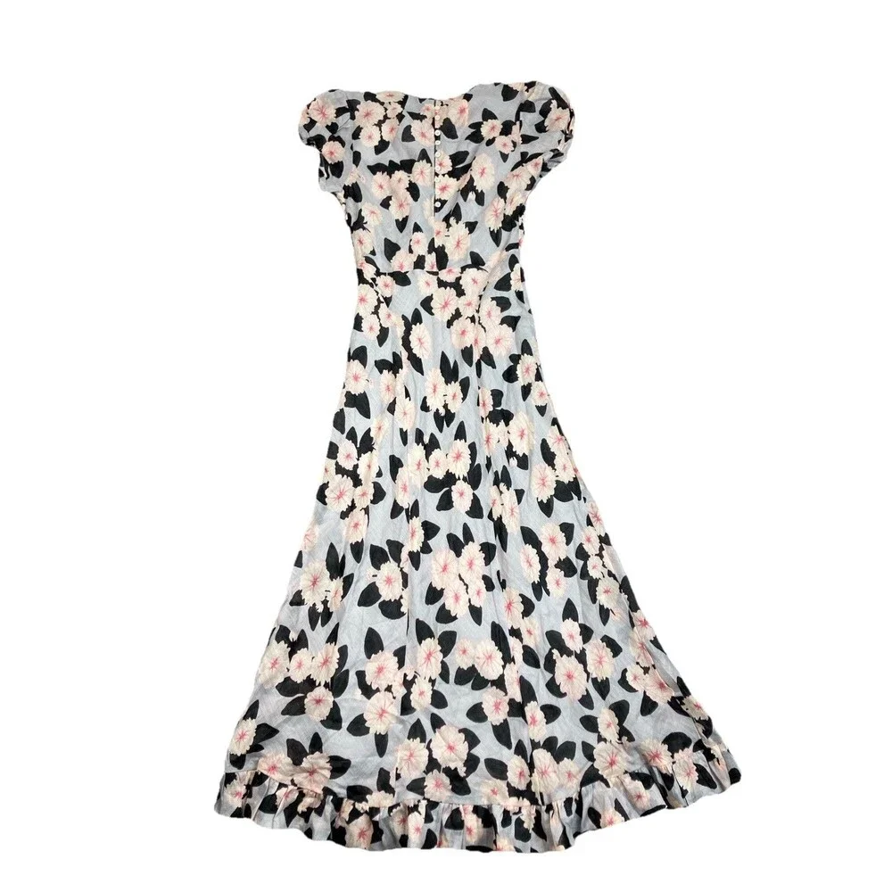 J Crew Ramie Midi Dress Womens 2 Pink Ruffle Hem Poppy Floral V Neck CT303